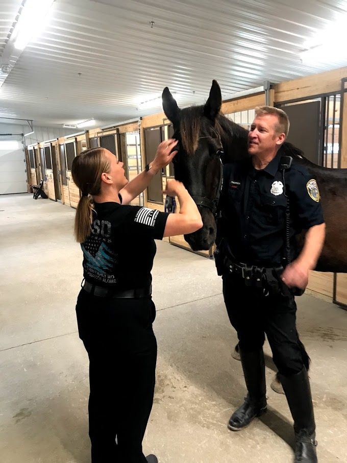 Two police officers with a large horse.